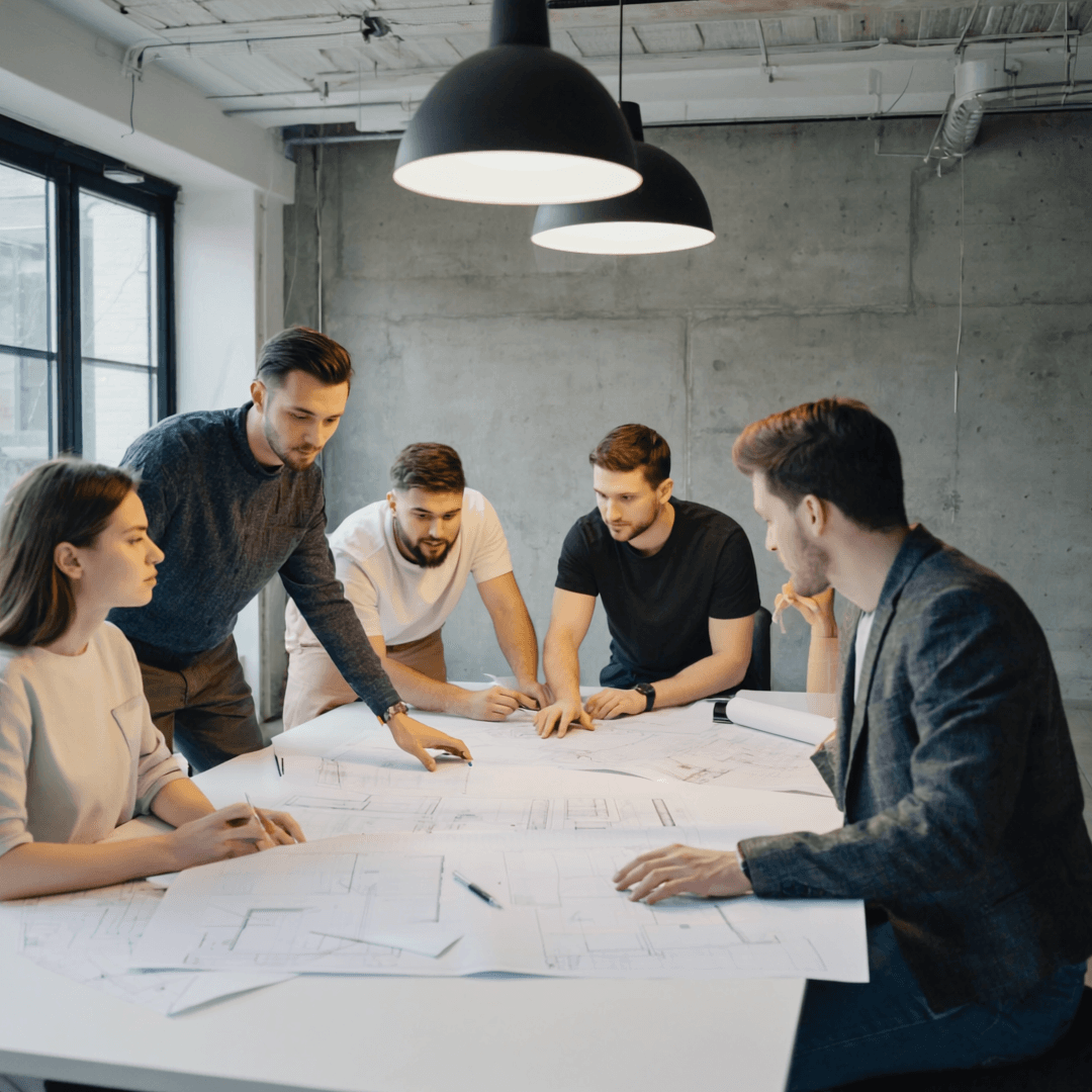 Blueprints AI team reviewing a set of drawings together at one table