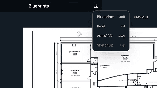 Blueprints AI export options: AutoCAD, Revit, PDF