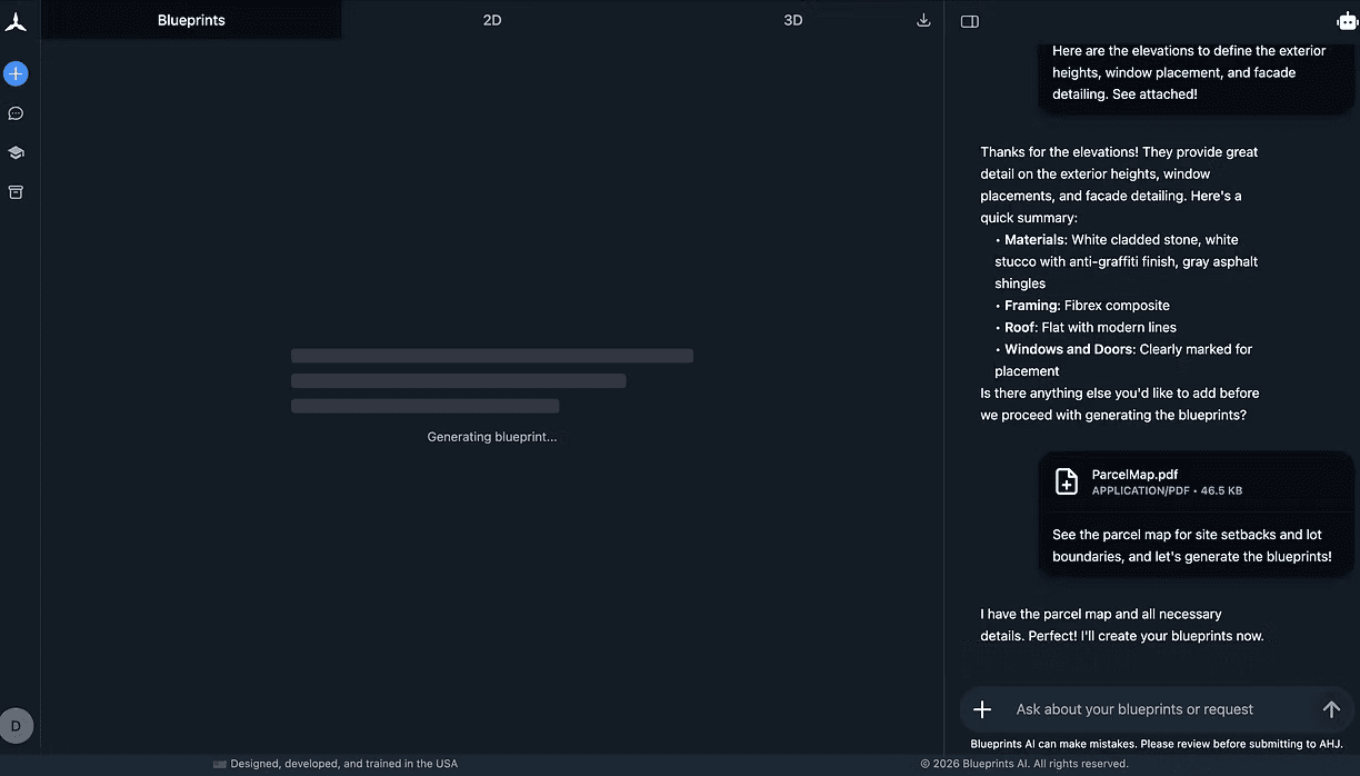 Blueprints AI generation request screen