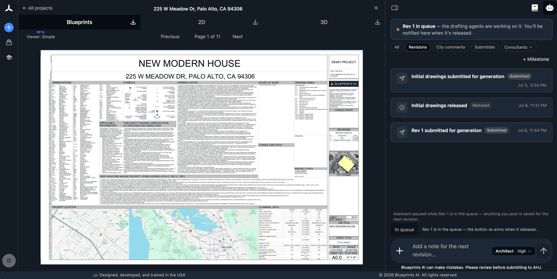 Blueprints AI generating a permit set: title sheet