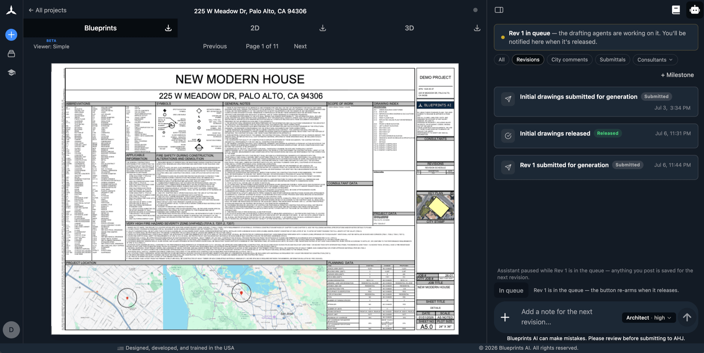Blueprints AI generating a permit set — title sheet